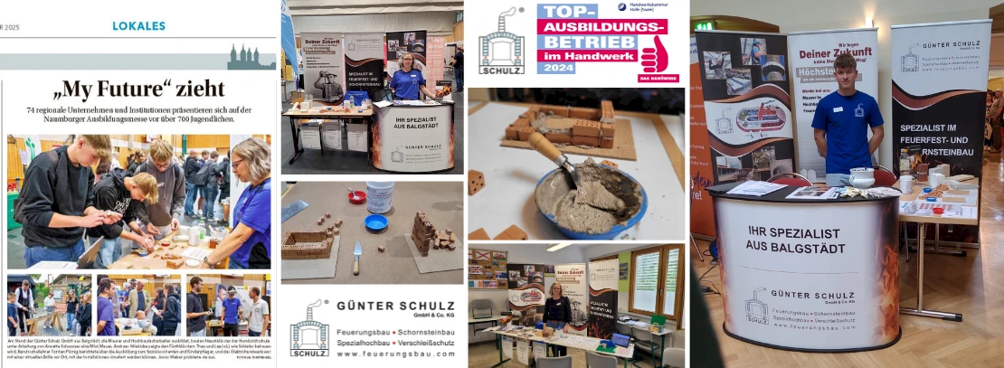 Collage aus Fotos von der Azubimesse vom Messestand Günter Schulz GmbH und einem Zeitungsartikel zum Thema und Großaufnahmen von Mini Mauer Steinen, die wir immer mit am Stand haben
