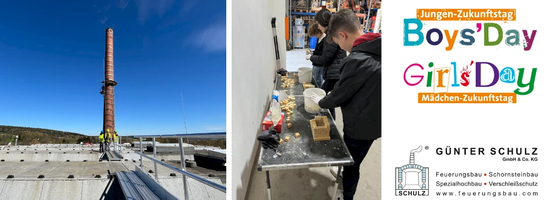 Image collage for Future Day 2026 featuring the company logo and the Future Day logo: in one image, three students stand in front of a masonry chimney with a blue sky in the background; in the other image, three students are building a mini chimney from small bricks, which can be used as a pen holder.
