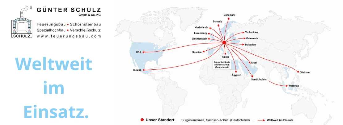 Graphic showing the international deployment locations of Feuerungsbau Schulz, illustrated with arrows extending from the company's headquarters in the Burgenland district (Saxony-Anhalt, Germany) to the respective countries.